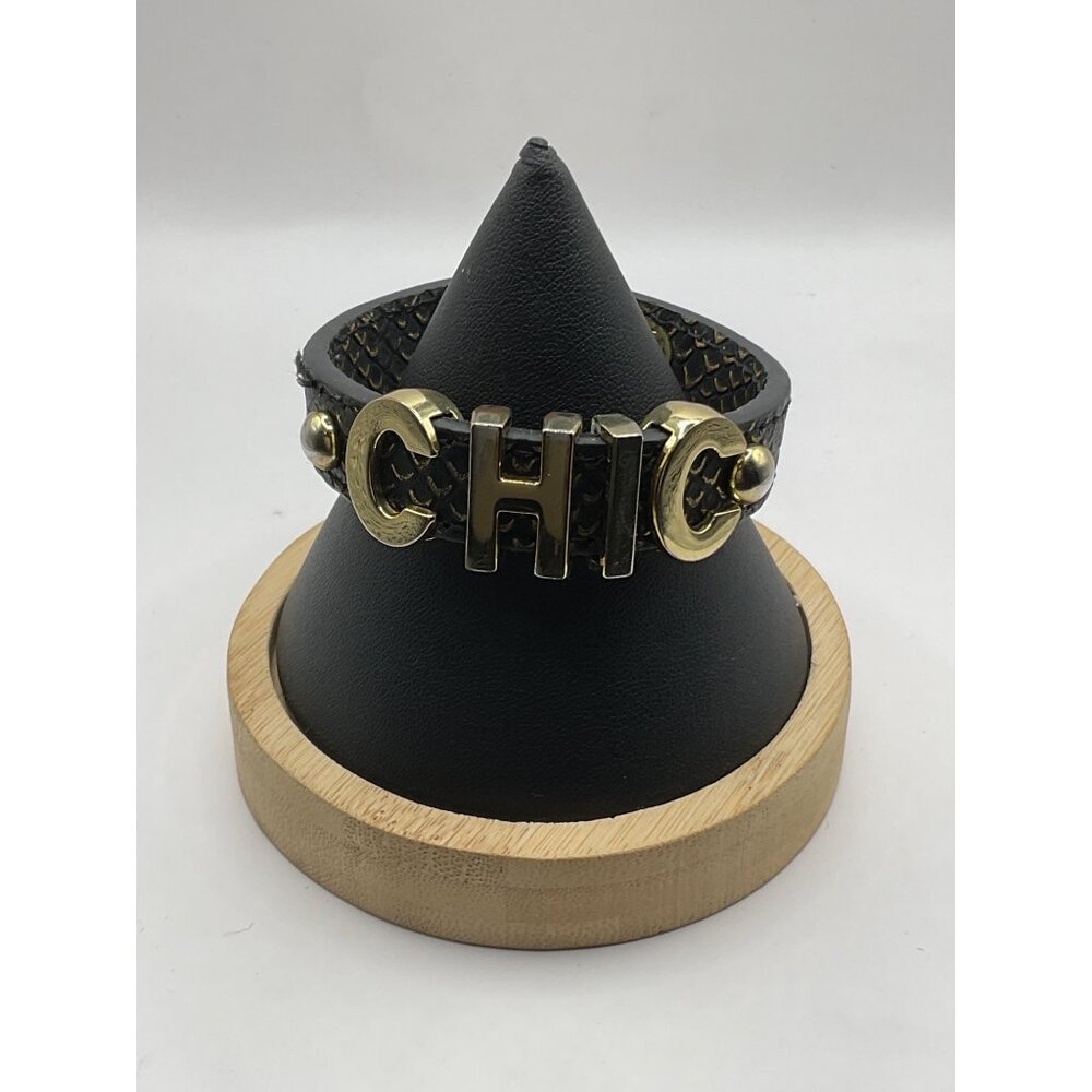 BCBGeneration Black Gold Chic Bracelet Leather Snake Texture Adjustable